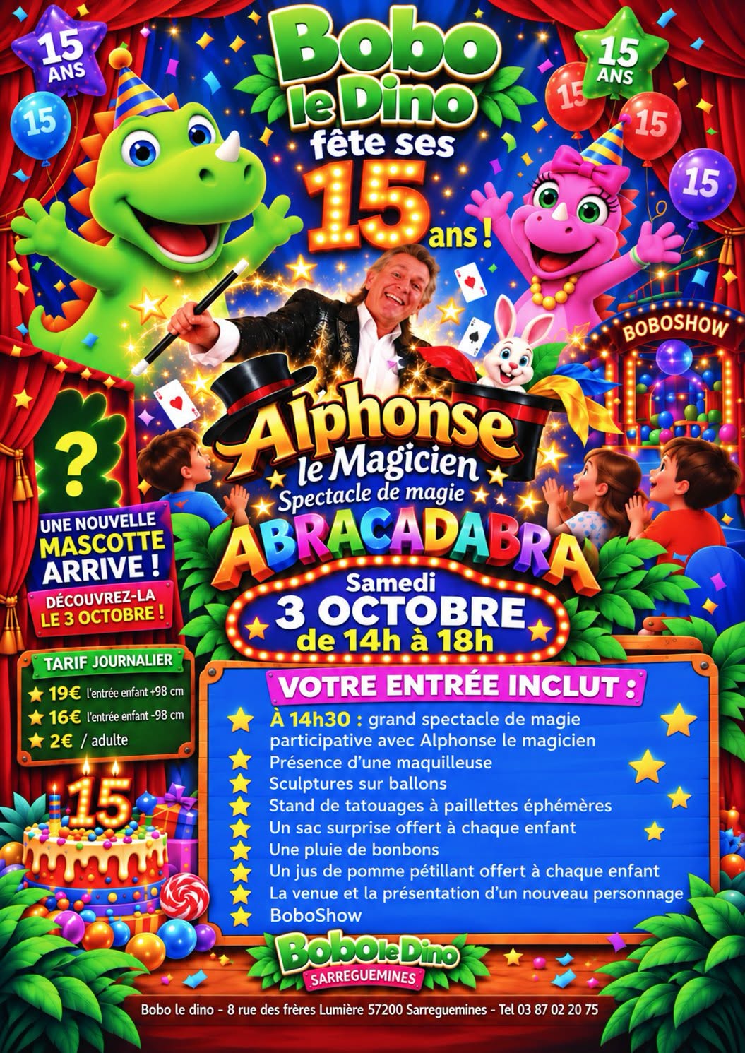 Alphonse le Magicien fête les 15 ans de Bobo le Dino à Sarreguemines, samedi 3 octobre